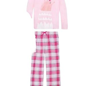 4/$25 Eddie Bauer Girls Pink Plaid 2 Piece Pajama Set Size Medium Fleece Pants